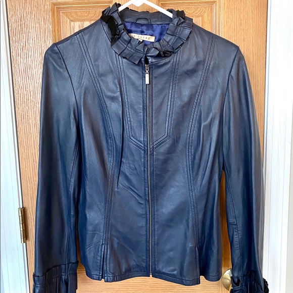 Navy Blue Genuine Leather Jacket - Picture 1 of 4